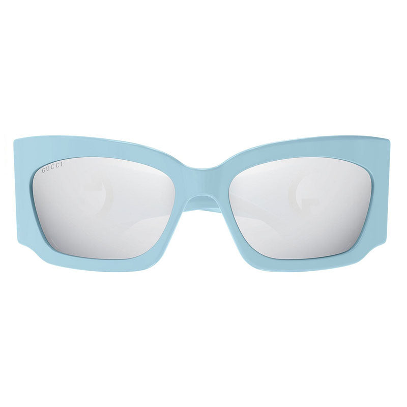 Gucci Geometric Full Rim, with a Light Blue frame and Silver Mirror lens.