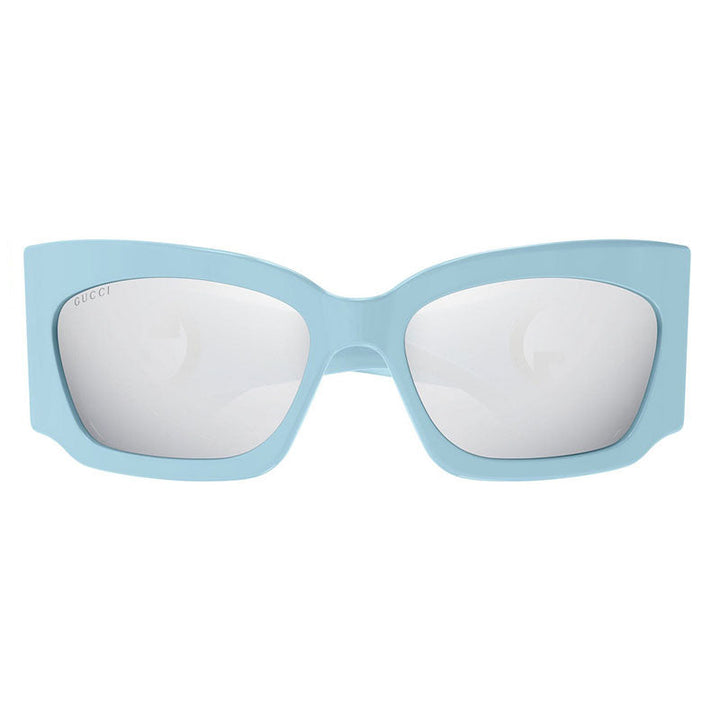 Gucci Geometric Full Rim, with a Light Blue frame and Silver Mirror lens.