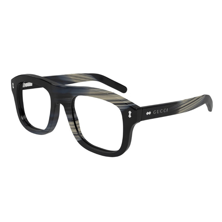 Gucci Square Full Rim, with a Shiny Black Beige And Blue Maxi Horn frame and Clear/Blue Magnetic Clip-On lens.