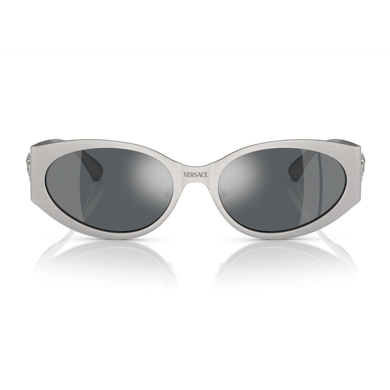 Versace Oval Full Rim, with a Matte Silver frame and Light Grey Mirrored Black lens.