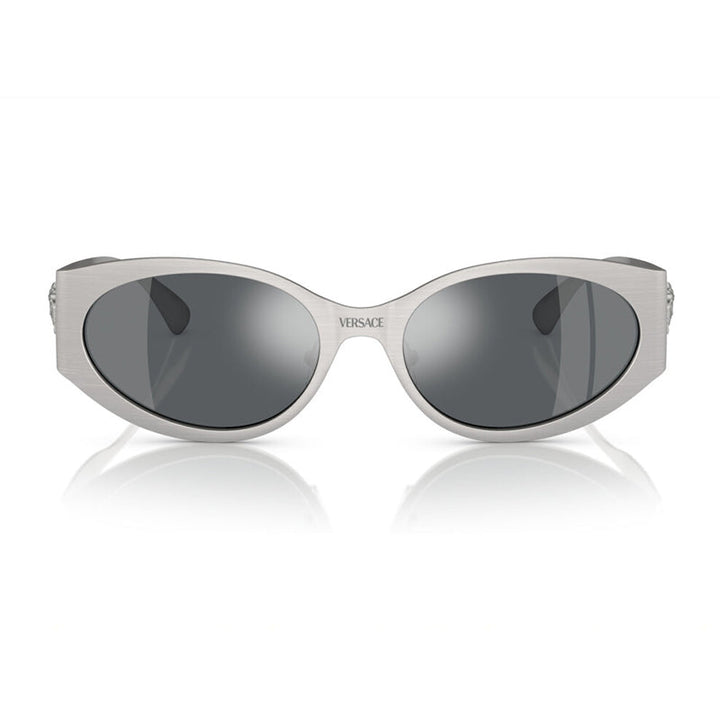 Versace Oval Full Rim, with a Matte Silver frame and Light Grey Mirrored Black lens.