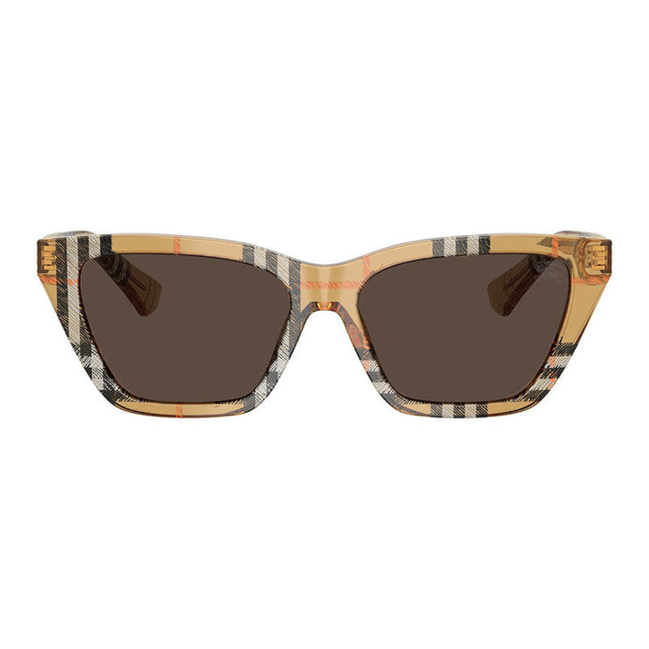 Burberry Sunglasses Cat Eye Full Rim, Check Sand Frame And Dark Brown Lens
