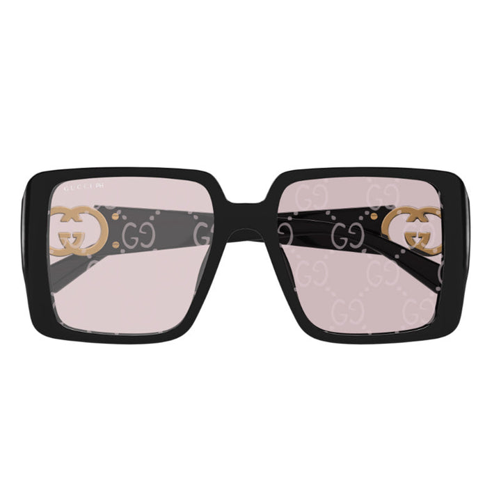 Gucci Square Full Rim, with a Black frame and Dusky Pink with GG Pattern Mirror Photochromic lens.
