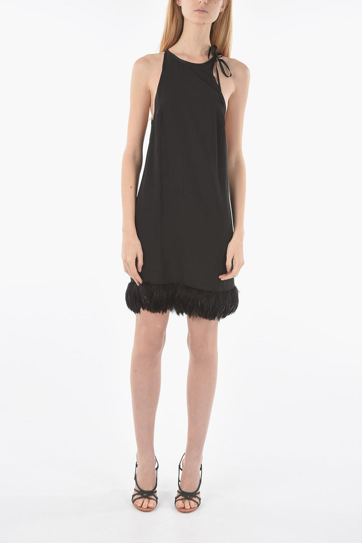 Saint Laurent Feathered Bottom Satin Halter Dress