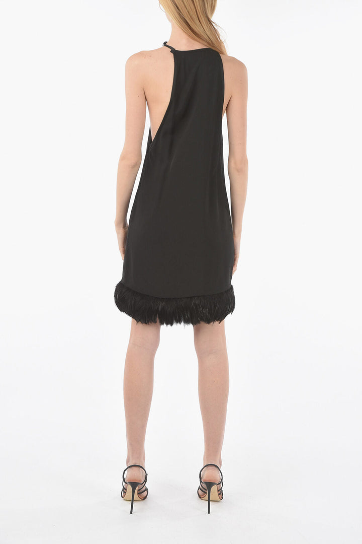 Saint Laurent Feathered Bottom Satin Halter Dress