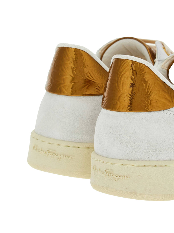 Shoes - Ferragamo Achille 2 Low Top Sneaker In White And Gold - 766322 - 10 - Ask Me Wear