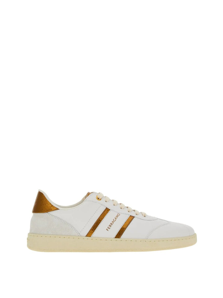 Shoes - Ferragamo Achille 2 Low Top Sneaker In White And Gold - 766322 - 10 - Ask Me Wear