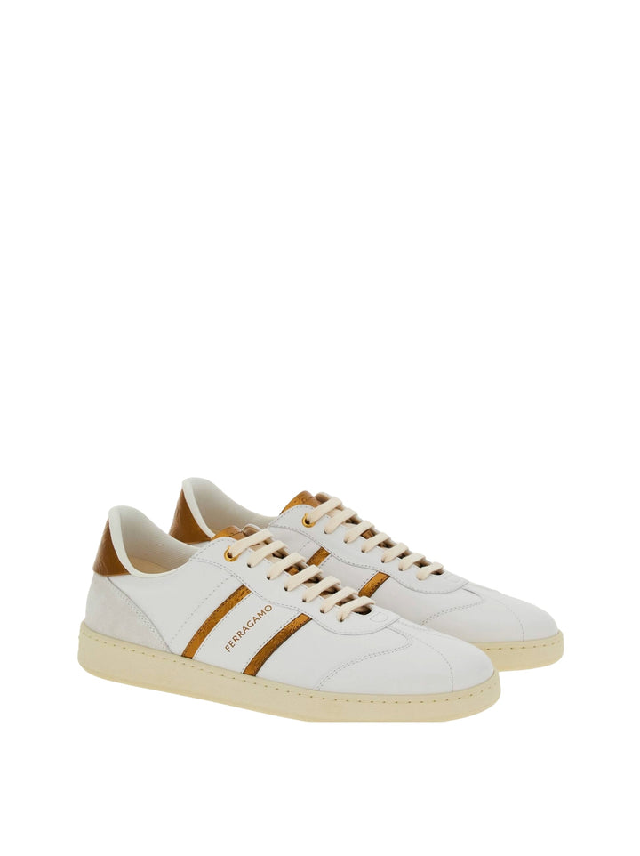 Shoes - Ferragamo Achille 2 Low Top Sneaker In White And Gold - 766322 - 10 - Ask Me Wear