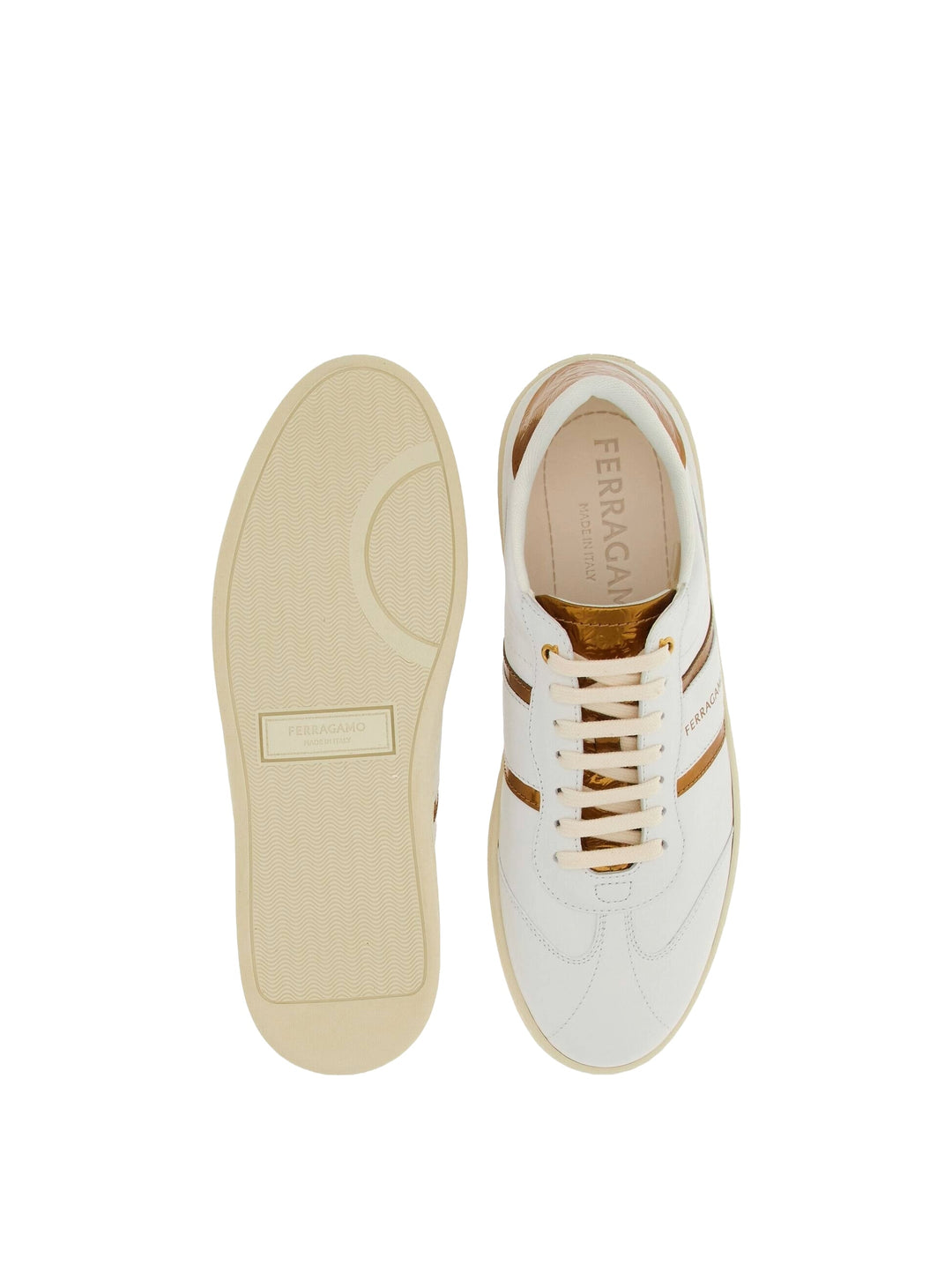 Shoes - Ferragamo Achille 2 Low Top Sneaker In White And Gold - 766322 - 10 - Ask Me Wear