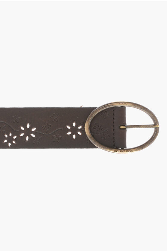 Saint Laurent Floral-Motif Leather Belt with Open-Work Detail