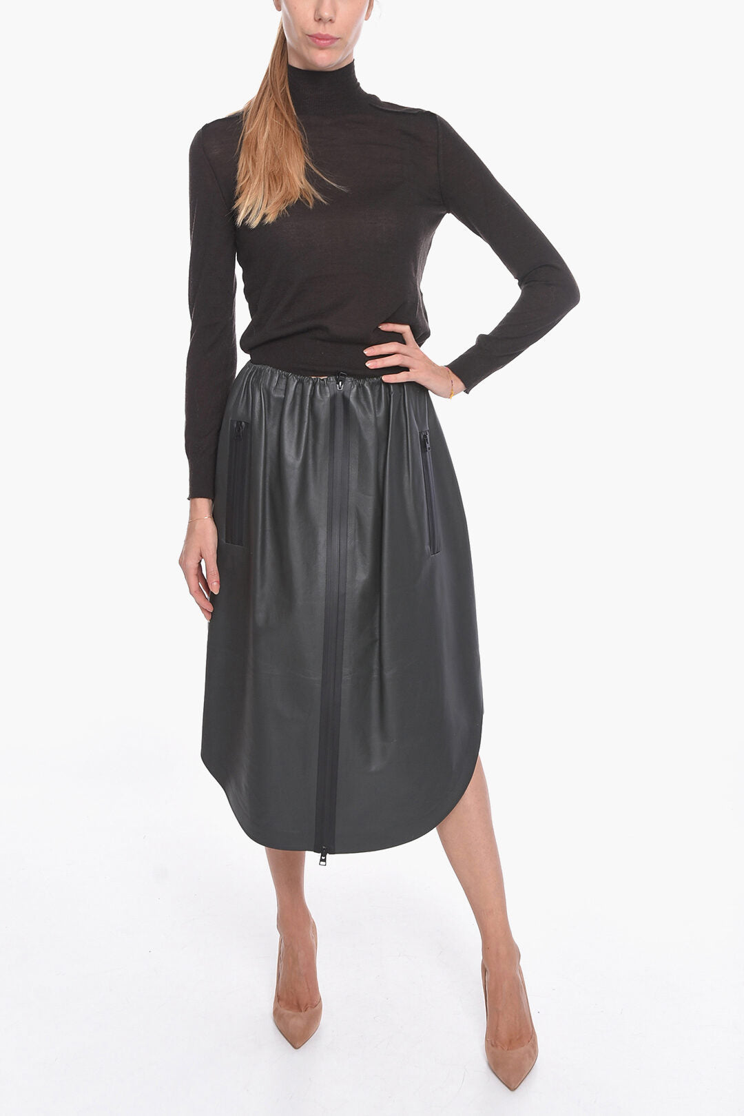 Bottega Veneta Front Zipped WATERPROOF Leather Midi Skirt