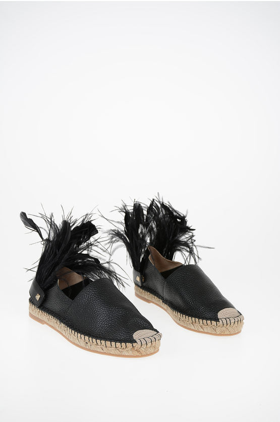 Valentino GARAVANI Leather Espadrilles with Feathers Application