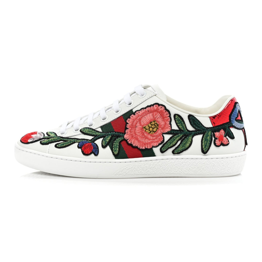 Gucci - Shoes - Gucci Calfskin Web Floral Embroidered Womens Ace Sneakers - 431917A38G09064 - Ask Me Wear