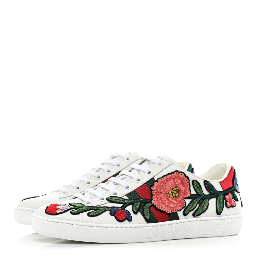 Shoes - Gucci Calfskin Web Floral Embroidered Womens Ace Sneakers - 431917A38G09064 - Ask Me Wear