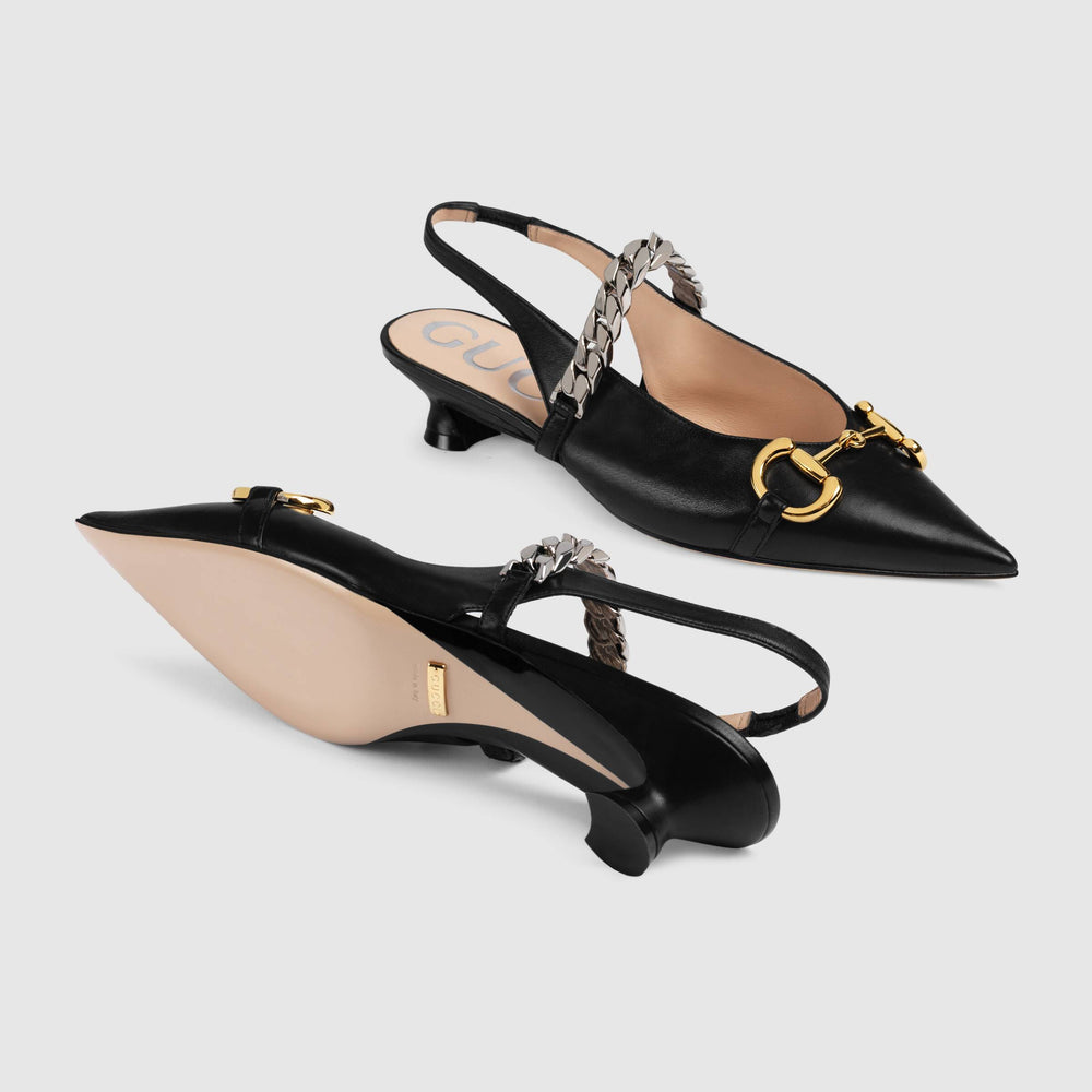 Gucci - Gucci Horsebit & Chain Leather Slingback Pump - 6165961RH001000 - Ask Me Wear