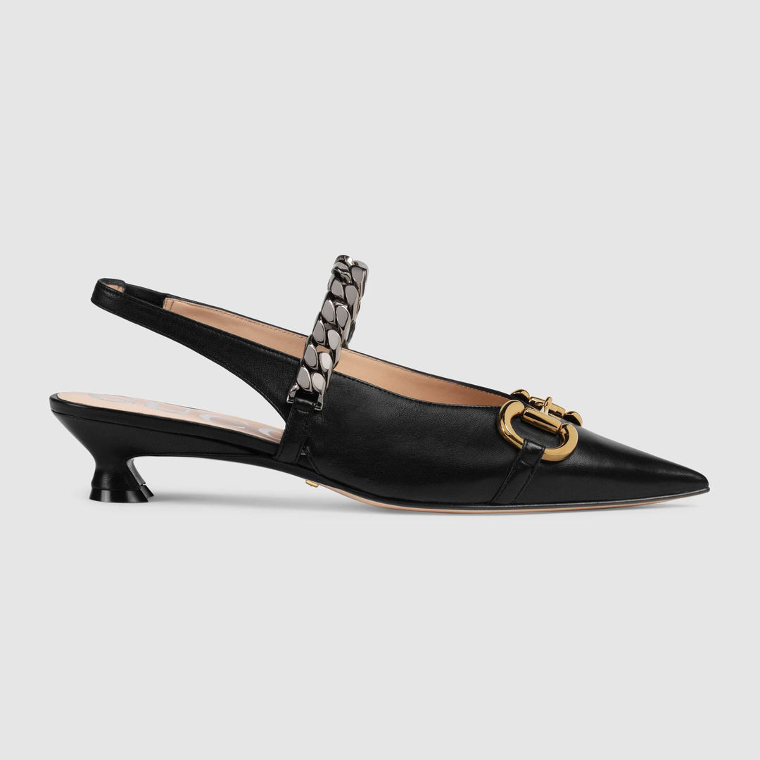 Gucci - Gucci Horsebit & Chain Leather Slingback Pump - 6165961RH001000 - Ask Me Wear