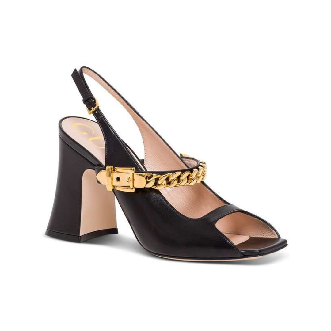 Shoes - Gucci Sylvie chain-embellished sandal heels - 626764DMBT01000 - Ask Me Wear