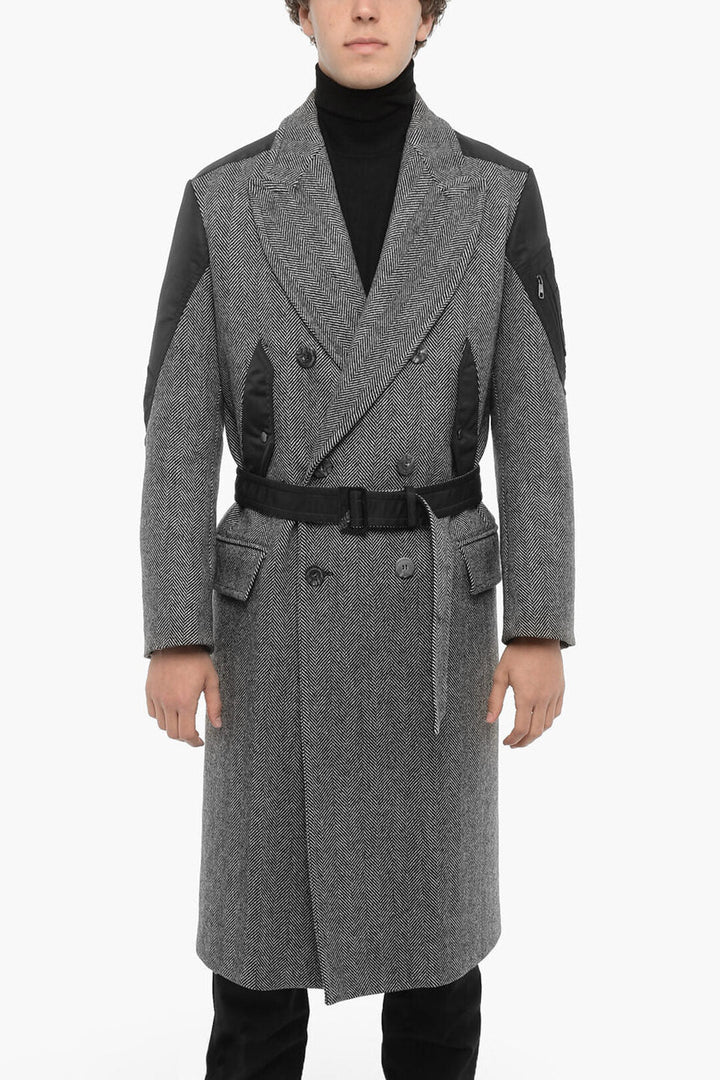 Neil Barrett Herringbone Motif Virgin Wool Double Breast Coat With Belt