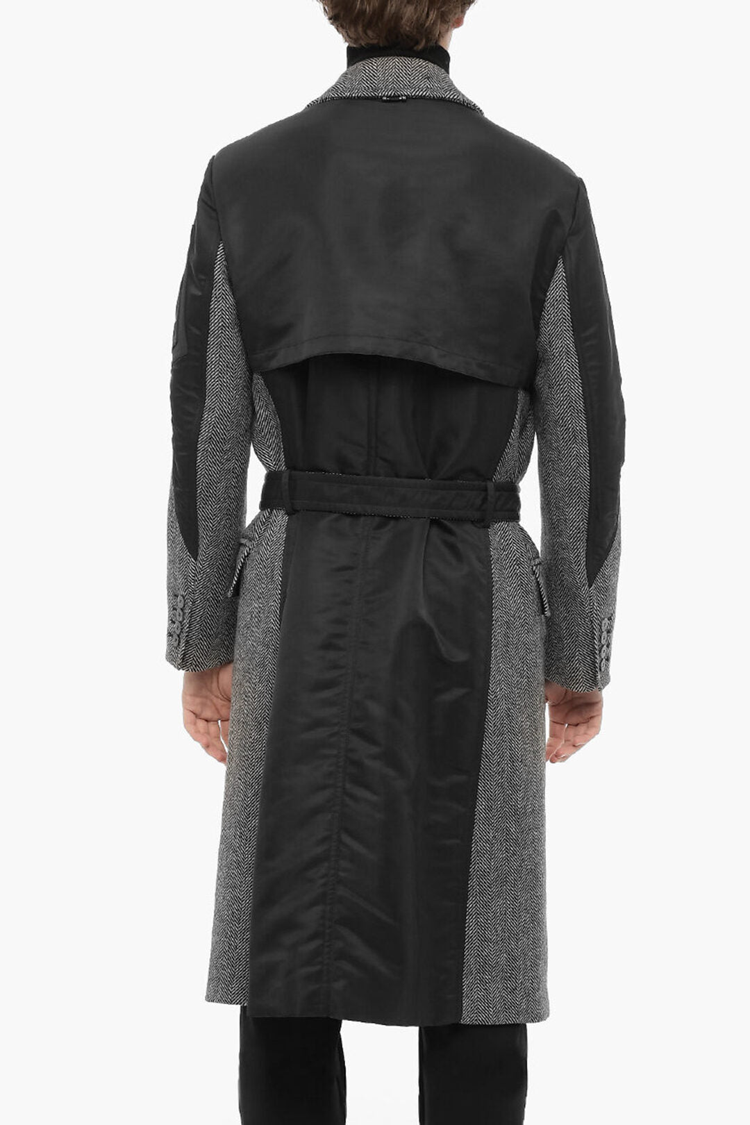 Neil Barrett Herringbone Motif Virgin Wool Double Breast Coat With Belt