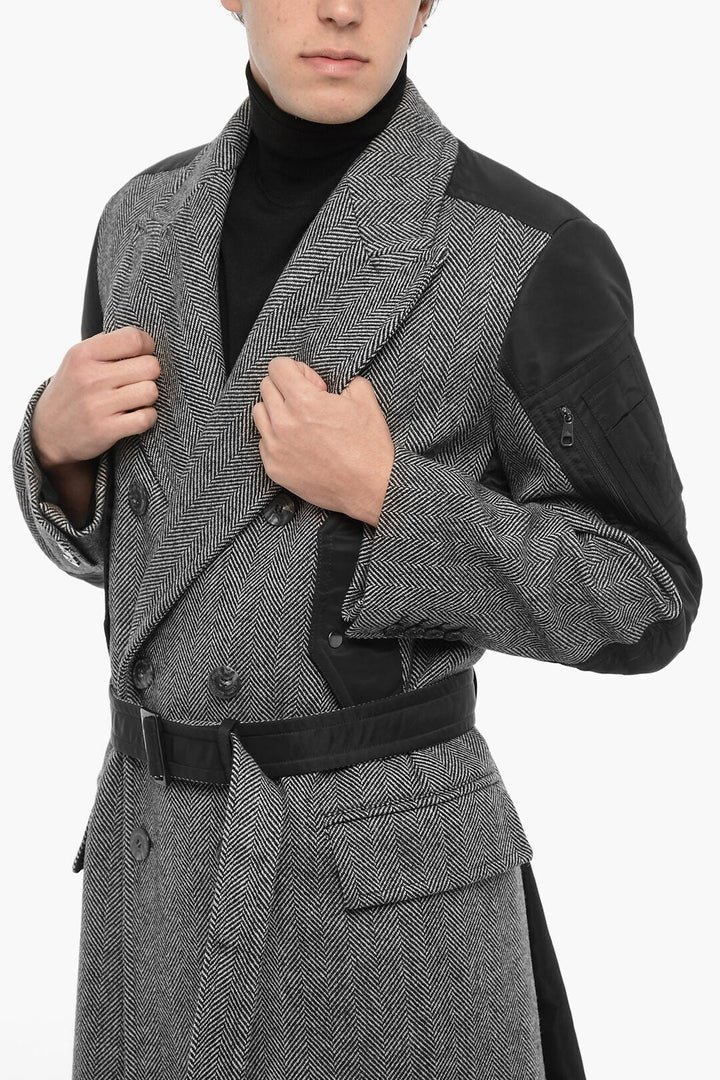 Neil Barrett Herringbone Motif Virgin Wool Double Breast Coat With Belt