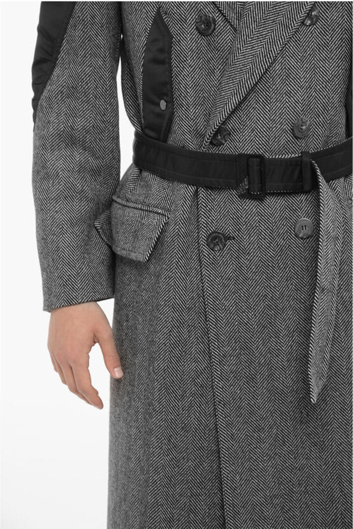 Neil Barrett Herringbone Motif Virgin Wool Double Breast Coat With Belt