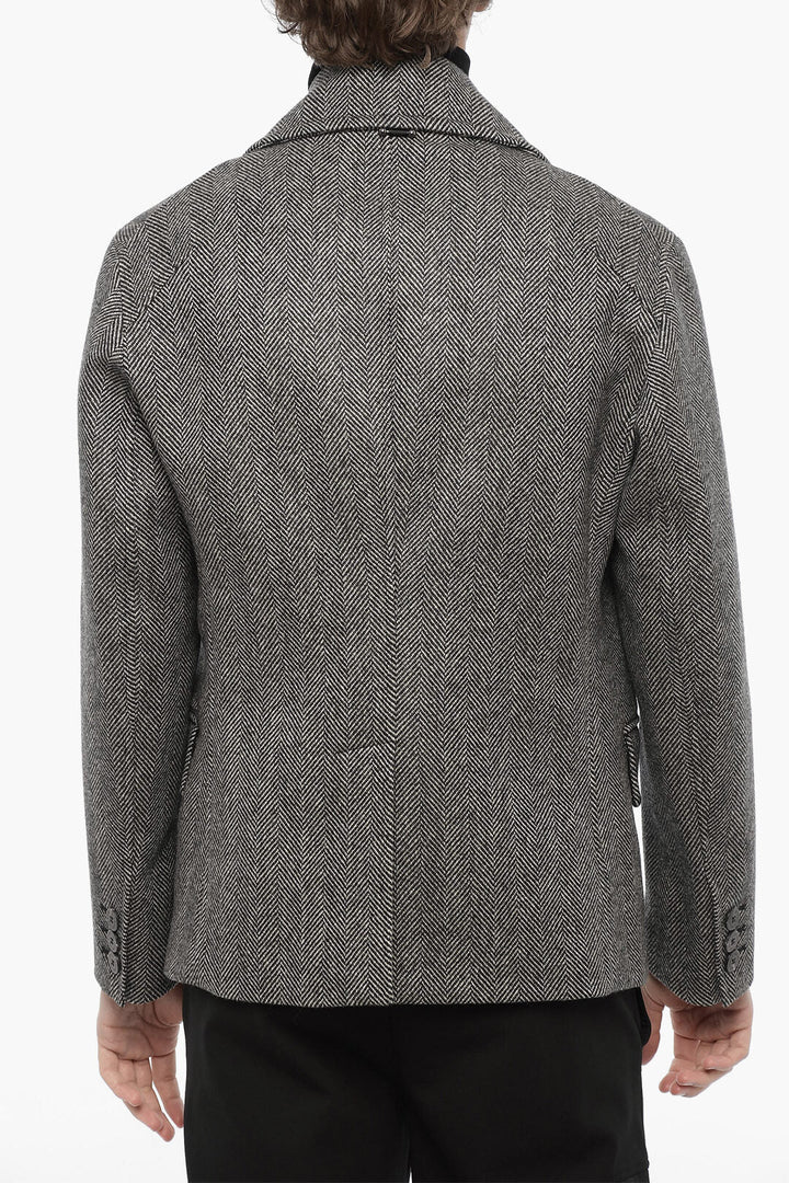 Neil Barrett Herringbone Motif Virgin Wool Double Breasted Peacoat