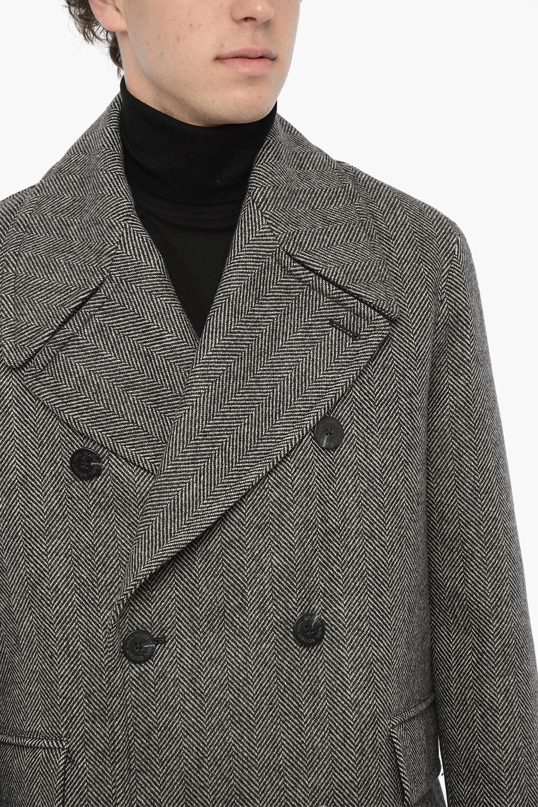 Neil Barrett Herringbone Motif Virgin Wool Double Breasted Peacoat