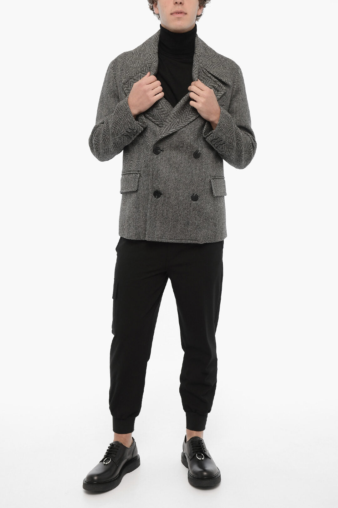 Neil Barrett Herringbone Motif Virgin Wool Double Breasted Peacoat