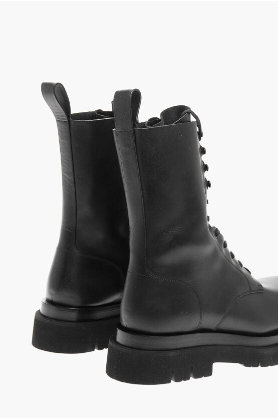 Bottega Veneta Lace-up LUG Leather Combat Booties with Rubber Sole