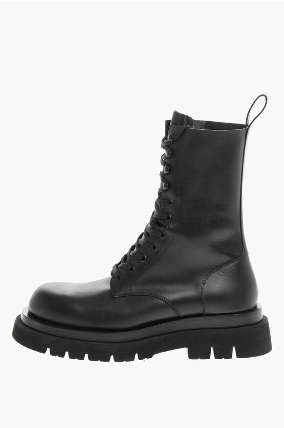 Bottega Veneta Lace-up LUG Leather Combat Booties with Rubber Sole