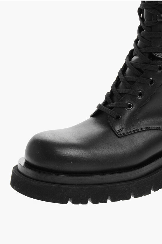 Bottega Veneta Lace-up LUG Leather Combat Booties with Rubber Sole