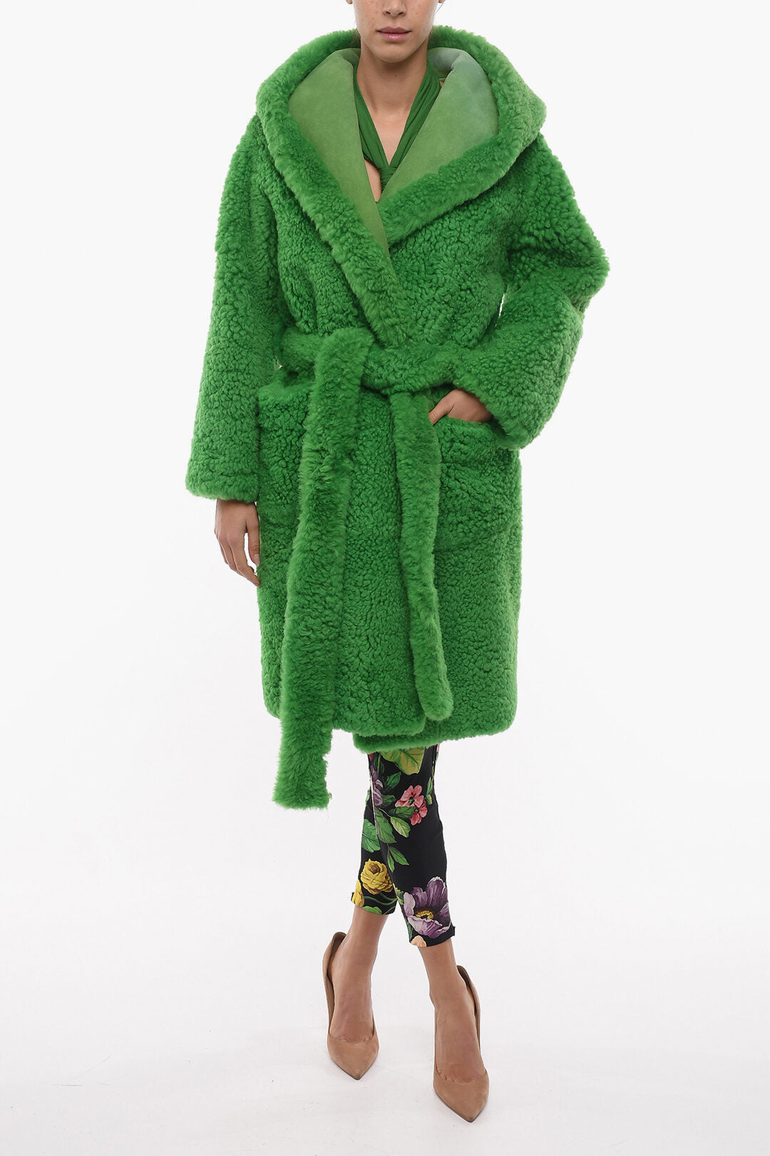 Bottega Veneta Lamb Fur Wrap Coat with Hood