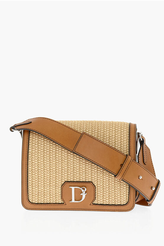 Bolso bandolera de piel y rafia con logotipo en tono plateado de Dsquared2