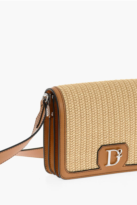 Dsquared2 Leather and Raffia Crossbody Bag with Silver-Tone Logo