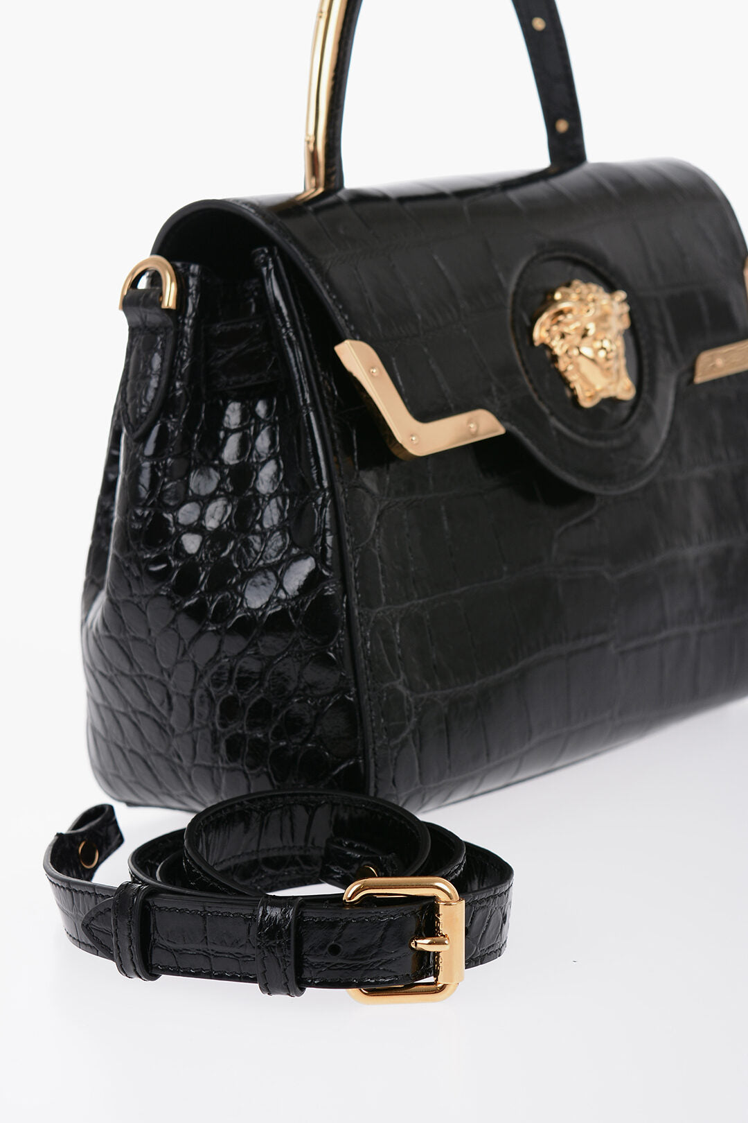 Versace Leather Croco-Effect LA MEDUSA Bag with Metallic Application