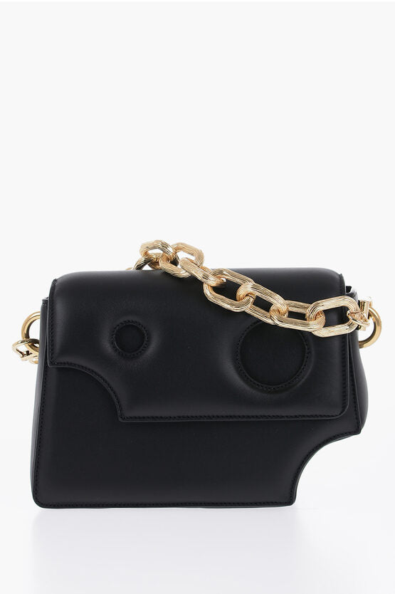 Off-White Leather Crossbody Bag with Cut-Out Details and Golden Chain