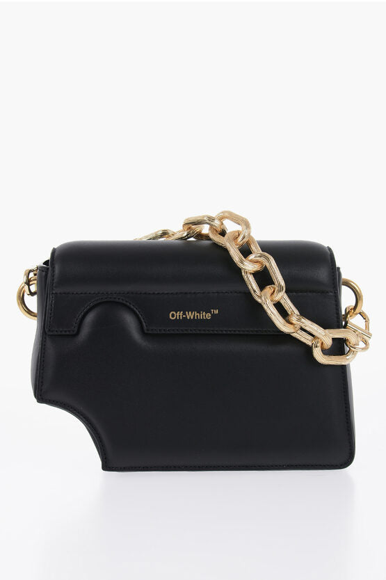 Off-White Leather Crossbody Bag with Cut-Out Details and Golden Chain