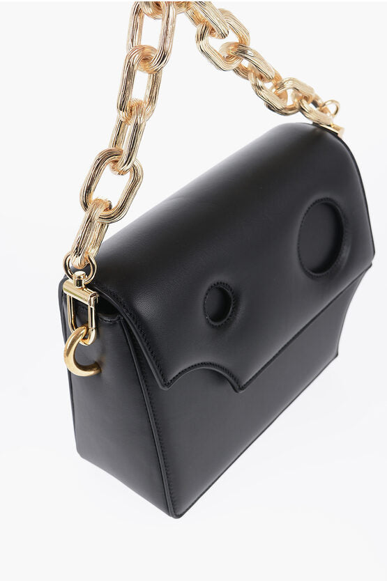 Off-White Leather Crossbody Bag with Cut-Out Details and Golden Chain