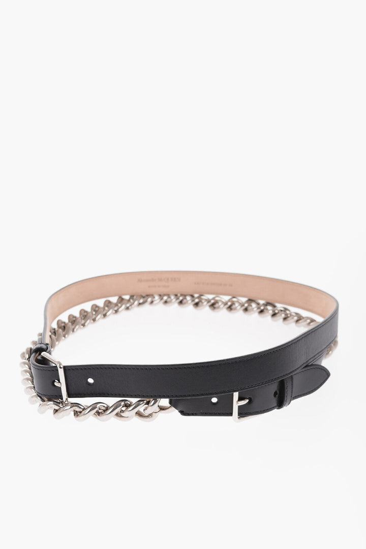 Alexander McQueen Leather Double Belt With Chain Detail 25mm