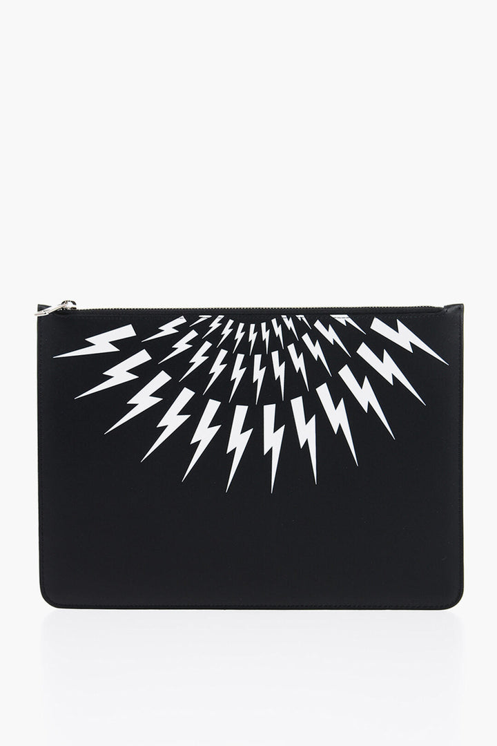 Neil Barrett Leather FAIR-ISLE THUNDERBOLT Pouch with Zip Closure