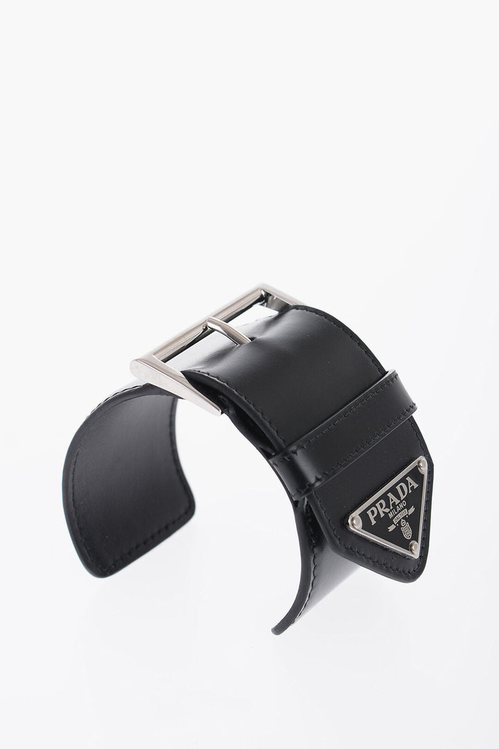 Prada Leather Open Bangle Bracelet with Silver-Tone Buckle