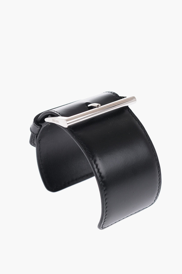 Prada Leather Open Bangle Bracelet with Silver-Tone Buckle