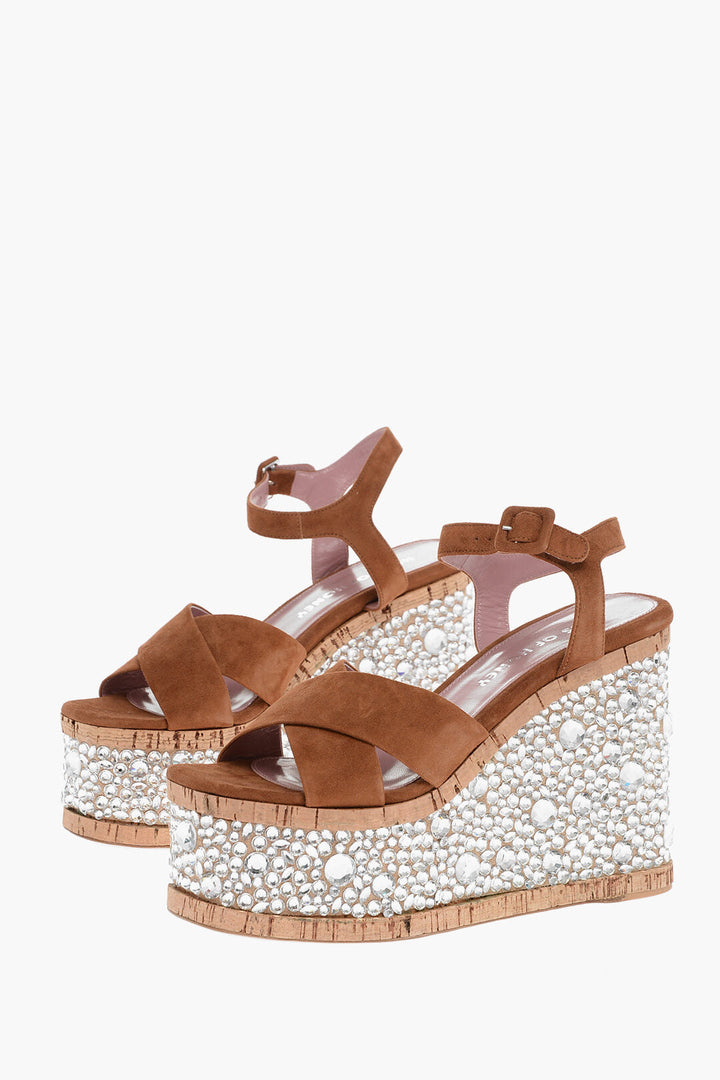 Haus Of Honey Leather Sandals with Rhinestones Embelished Wedge 13 cm