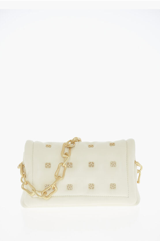 Off-White Leather Shoulder Bag with Iconic Motif in Golden Metal