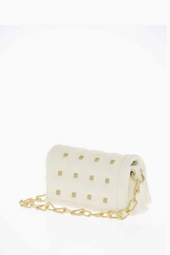 Off-White Leather Shoulder Bag with Iconic Motif in Golden Metal