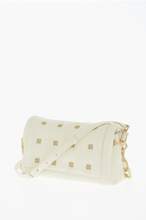 Off-White Leather Shoulder Bag with Iconic Motif in Golden Metal