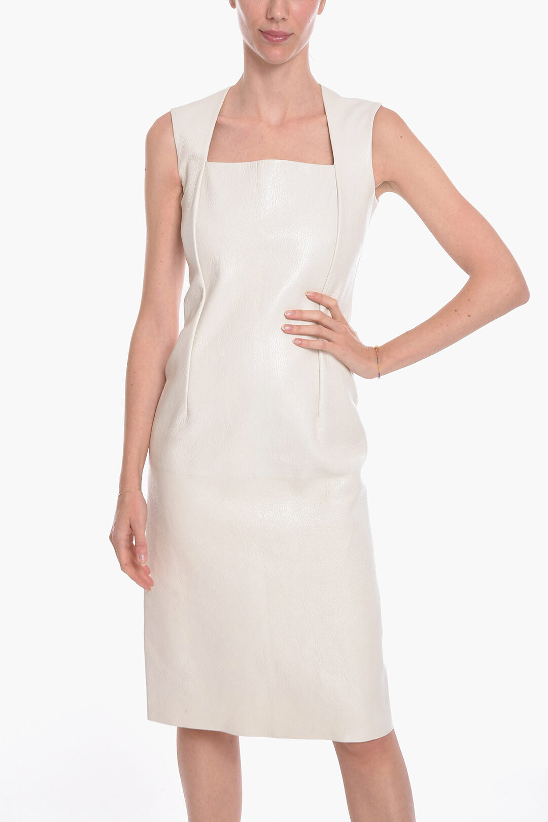 Bottega Veneta Leather Sleeveless Midi Dress with Squared Neckline