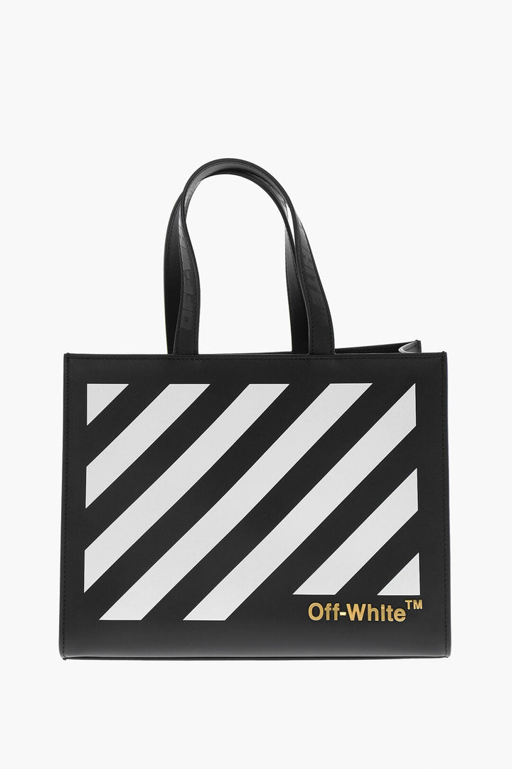 Off-White Leather Tote Bag with Diagonal Stripe Detailing