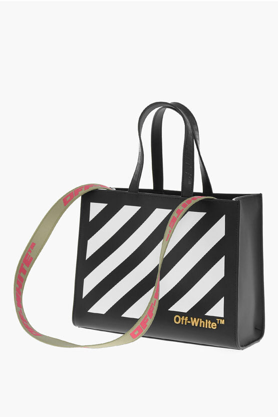 Off-White Leather Tote Bag with Diagonal Stripe Detailing