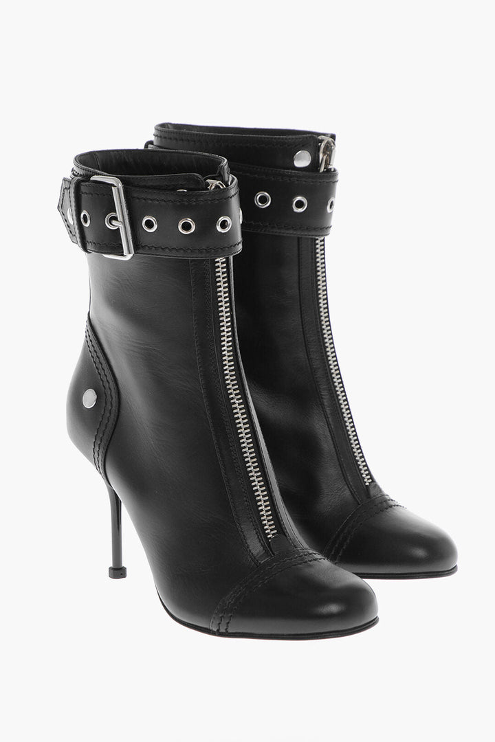 Alexander McQueen Leather Zip-Up Booties with Buckled Strap 9cm